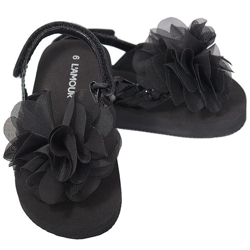 L'Amour Black Sequin Strap Flower Flip Flop Sandals Toddler Girls 5-10 - SophiasStyle.com